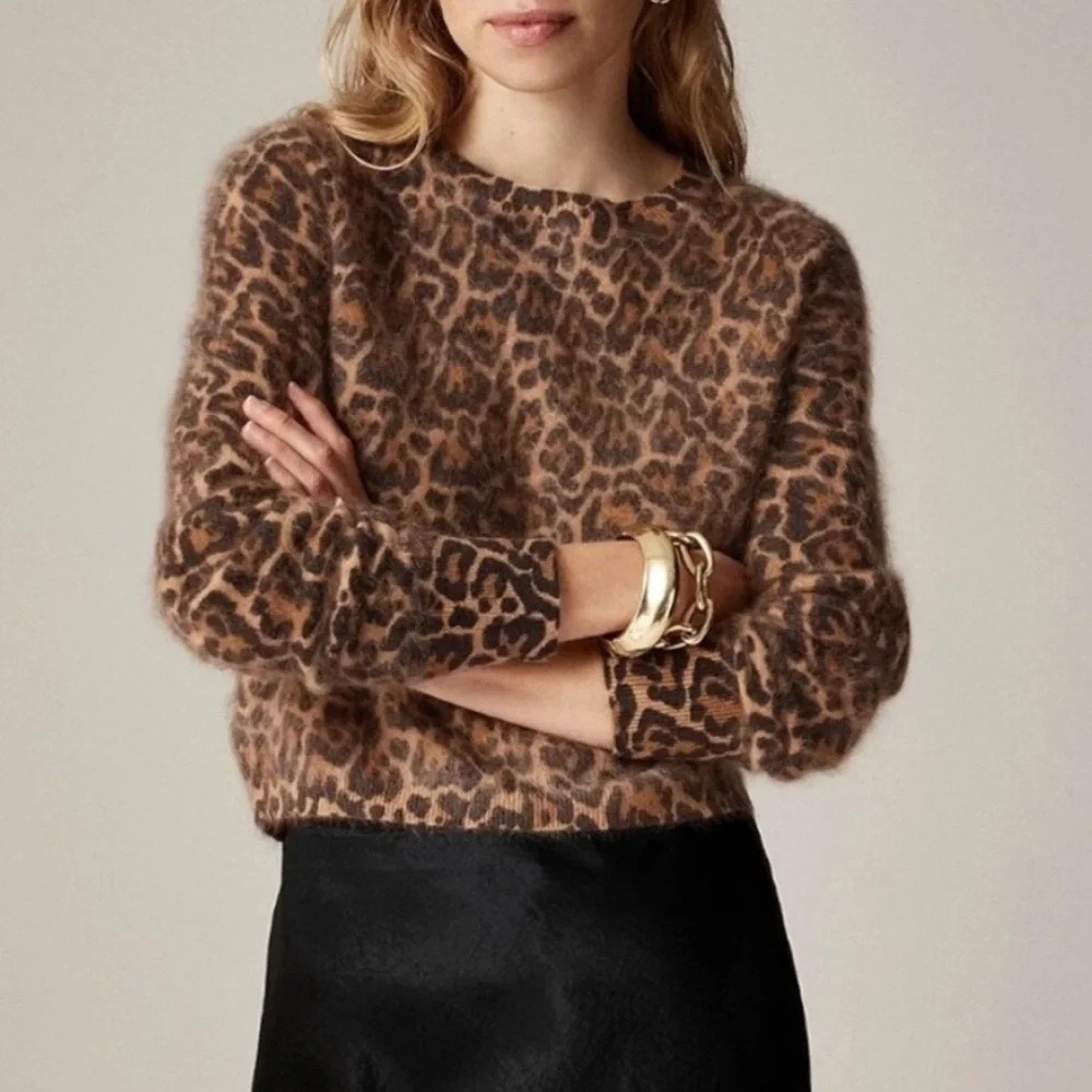 J. Crew Brushed Cashmere Shrunken Crewneck Sweater Size S Leopard Print CE684